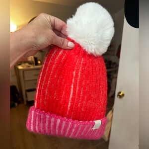 New Merisea Pink/orange beannie with white pouf